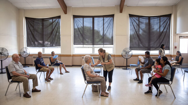 Community members gather in a room for health checkups during the day