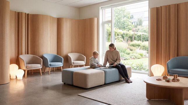 Mom reads with child in a bright indoor space with soft seating and plants visible outside