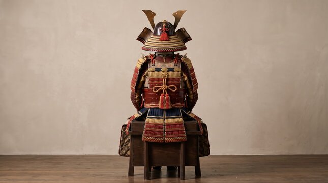 Traditional Japanese samurai armor suit displayed on wooden stand against neutral beige, intricate details of red and gold lacquered plates, ornate helmet with golden horns