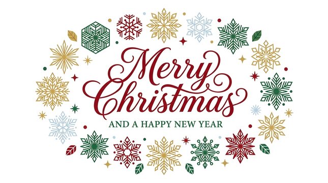 A festive and joyful christmas greeting surrounded by beautiful colorful and sparkling snowflake designs