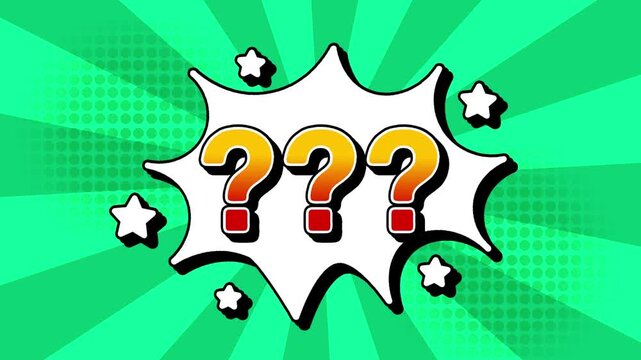 Question mark text word lettering popup comic cartoon reveal with bomb and smoke explosion manga anime book page dots with radial speed lines doodle teal background with seamless loop animation