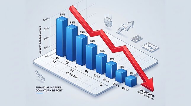 Isometric financial bar chart showing negative growth and market downturn with a red downward trend arrow economic loss business graph financial