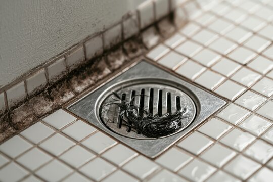 Human hair strands clog stainless steel shower drain hole on tiled floor. Dirty grout lines suffer from water stagnation issues. Plumbing services and sewer blockage. Domestic Pipeline Maintenance.