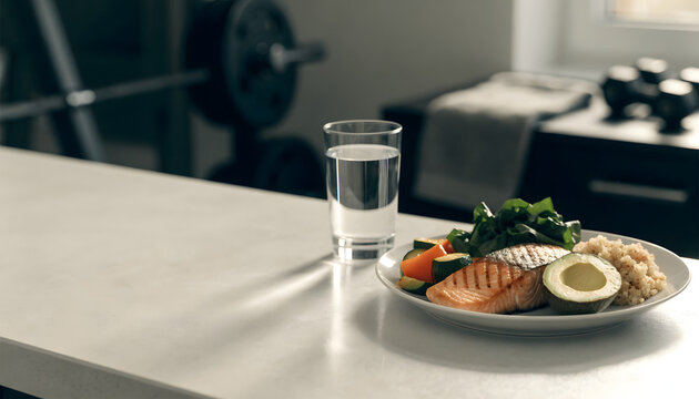 Balanced Healthy Meal with Grilled Salmon, Avocado, and Water for Post-Workout Nutrition in a Home Gym