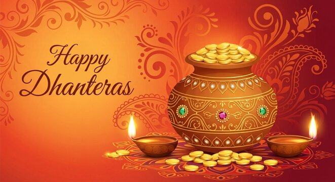 Happy dhanteras celebration with gold kalash and oil lamp diya diwali background