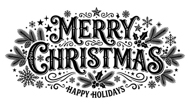 A beautifully designed vintage style 'merry christmas' graphic with festive holiday decorations and flourishes