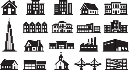 Obraz premium Real Estate Buildings City Infrastructure and Landmark Vector Icon Set