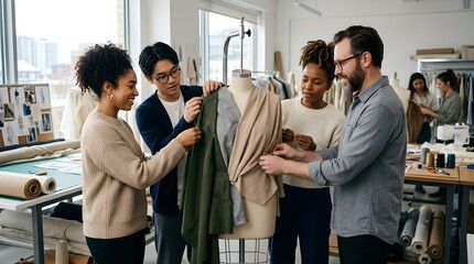 Obraz premium Diverse fashion design team working together on clothing in studio