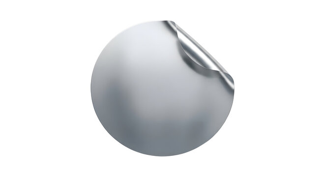 Blank silver metallic round sticker with peeled corner isolated on transparent background