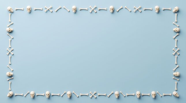 Human skulls and bones arranged in rectangular frame pattern on light blue background.