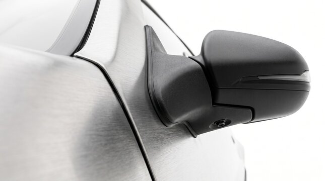 Detailed Side Profile Shot of Matte Black Side Mirror on Brushed Metal Vehicle Body