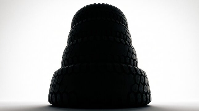 Dramatic Low-Angle Perspective Silhouette of Stacked All-Terrain Tires