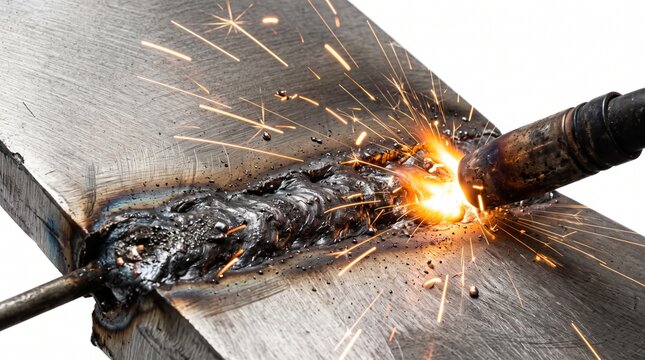 Macro Close-Up of Robotic Welding Torch Joining Steel Plates with Flying Sparks