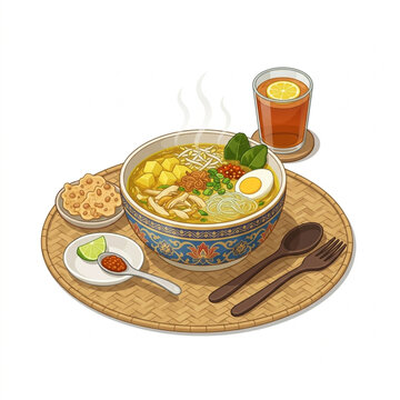 Isometric Soto Indonesian Soup Illustration Vector for Regional Culinary Heritage Collection