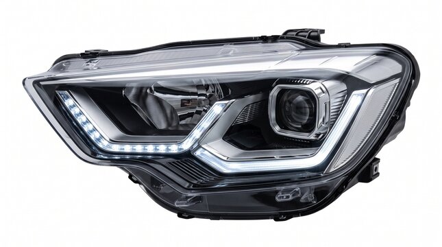 Studio Shot of a Modern LED Car Headlight Assembly Isolated on White Background