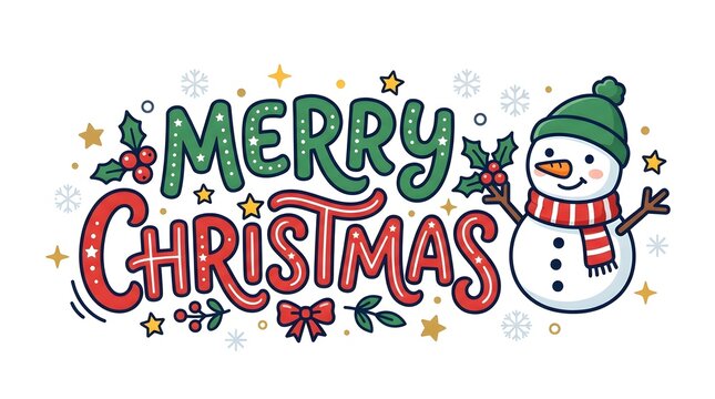A joyful and festive merry christmas illustration featuring a charming snowman and vibrant lettering