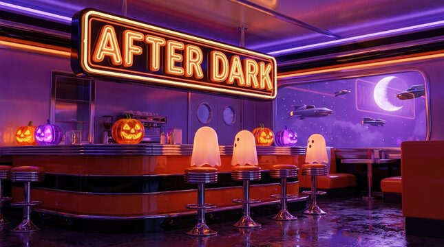 Retro neon diner interior decorated for Halloween with glowing jack-o-lanterns at night