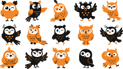 Fototapeta premium Set of cute hand drawn cartoon owls in black and orange colors on a white background