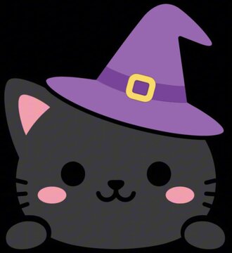 Halloween black cat wearing purple witch hat peeking from the bottom