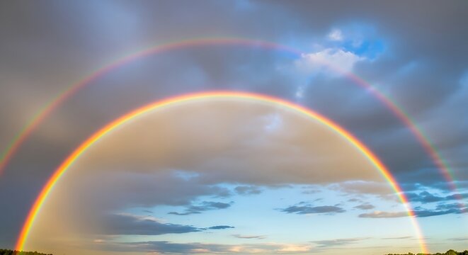 Double rainbow arch in a dramatic cloudy blue sky after rain with meteorology