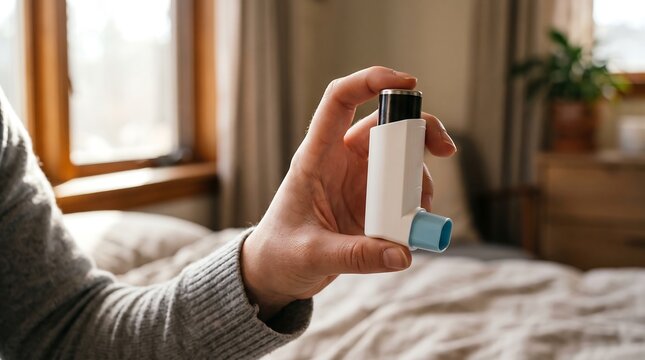 Close-up of a person holding a white and blue asthma inhaler indoors near a window, representing healthcare, respiratory treatment, and medical management.