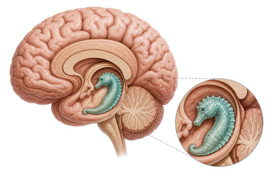 Hippocampus Highlighted Within Temporal Lobe Anatomical Illustration