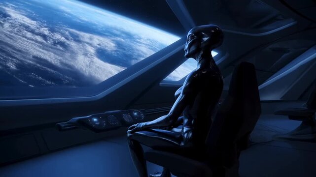 Alien pilot sits at spacecraft controls while viewing Earth from a futuristic orbiting cabin