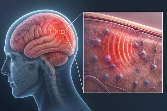 Concussion wave traveling through brain tissue illustration