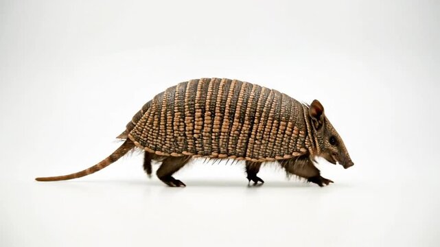 Armadillo Walking and Cracking its Shell on a White Background Showing Detail of Armor and Feet