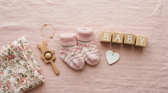 A flat lay of baby items arranged on a pink fabric background, featuring a folded floral-patterned cloth or swaddle on the left, a rabbit-shaped wooden rattle beside it, a pair of pink and white strip