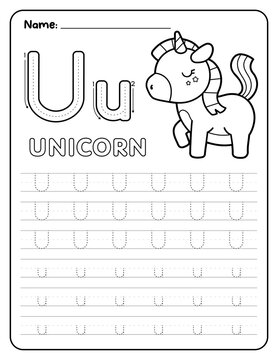 Educational alphabet tracing and coloring worksheet for preschool kids, featuring cute animals