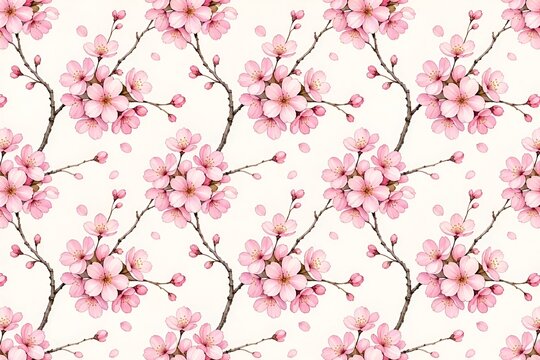 Elegant cherry blossom floral pattern with pink sakura flowers on a soft cream background