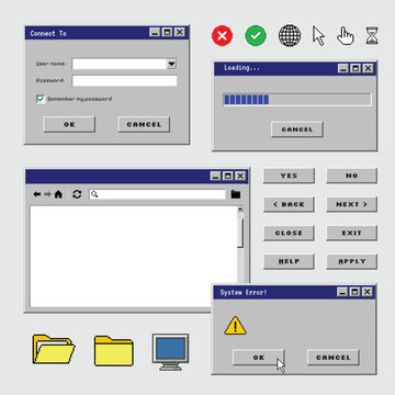 Retro 1990s Computer Interface Elements and Pixel UI Icons Collection