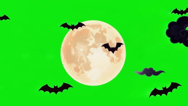 Full Moon with Flying Bats Halloween Overlay on Green Screen