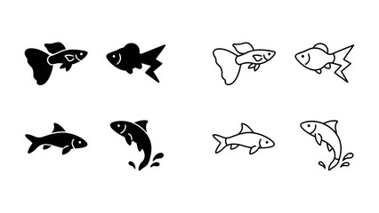 Fototapeta premium Fish Icon Collection: A collection of stylized fish icons, showcasing both silhouette and line art representations of aquatic life, including guppies and leaping fish.