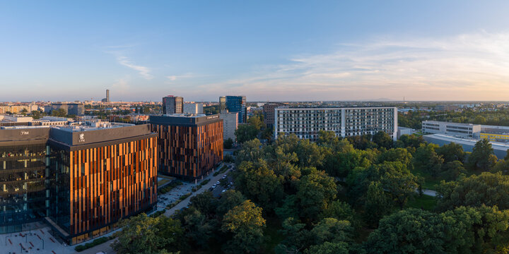 Modern office district and Wroclaw skyline in evening light