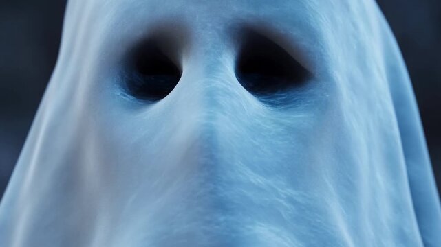 Ghostly figure hidden beneath white sheet in dark blue light, facing forward