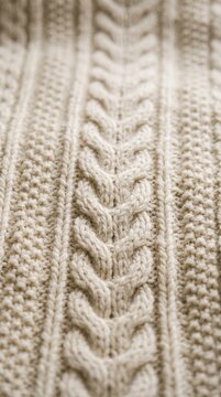 Close up macro of beige knitted wool sweater fabric texture