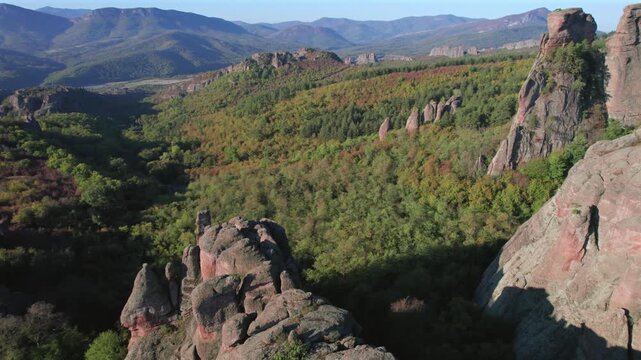 Aerial view of the Belogradchik Rocks, a natural landmark in Bulgaria. Stunning drone footage over the Balkan Mountains fortress