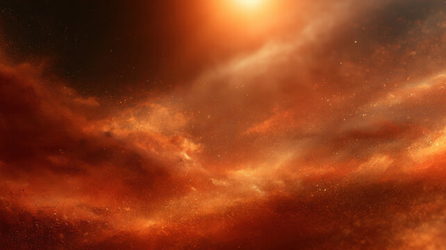 Abstract Fiery Orange Atmosphere Background with Dust Particles and Light