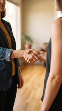 Two businesswomen shaking hands in a bright modern office setting