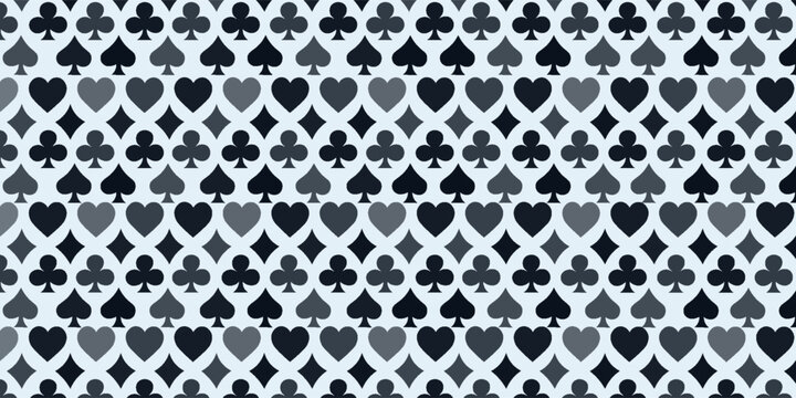 Seamless playing card suits pattern background with spade, heart, diamond, and club symbols on white surface for casino designs.