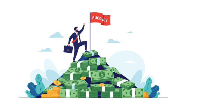 Successful businessman triumphantly reaching the peak of a huge mountain of cash bundles planting a red success flag on top.