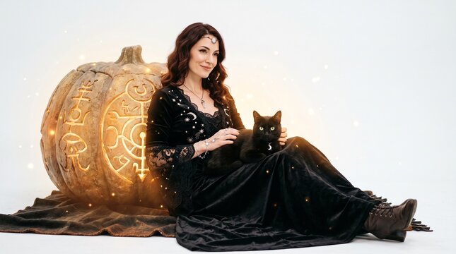 Beautiful Witch Sitting with Black Cat Next to Carved Rune Pumpkin on White Background