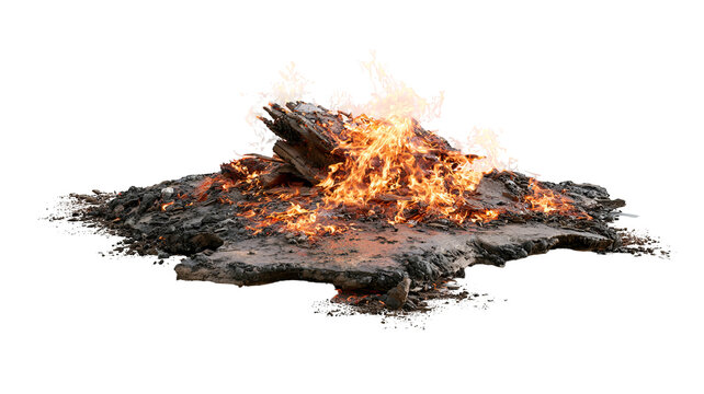 Ground fire patch with highly detailed realistic flames and cinematic glow, isolated PNG on transparent background