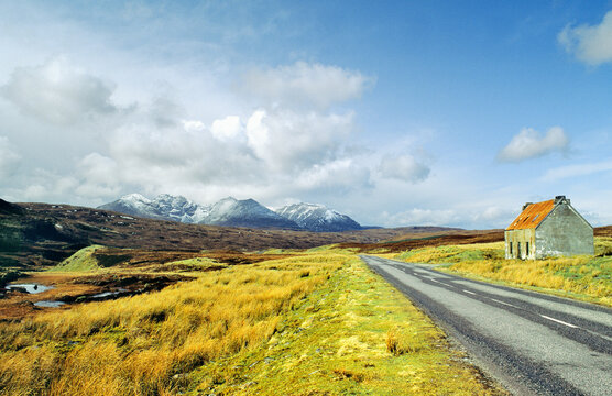 South of Ullapool in Wester Ross, Scotland, UK. The high road crosses Dundonnell Forest toward the winter slopes of An Teallach