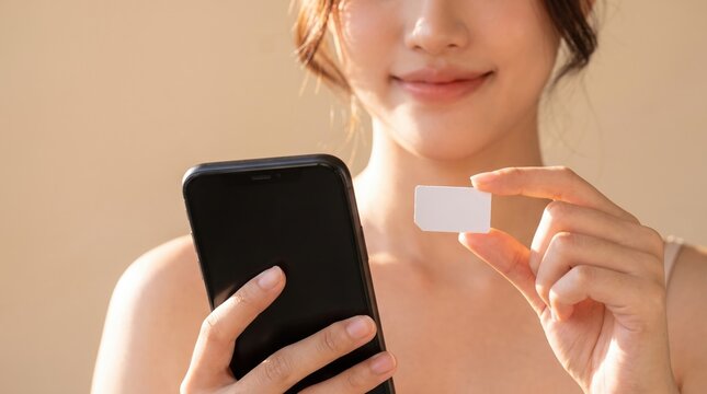 Smiling woman displaying smartphone and travel SIM card in studio
