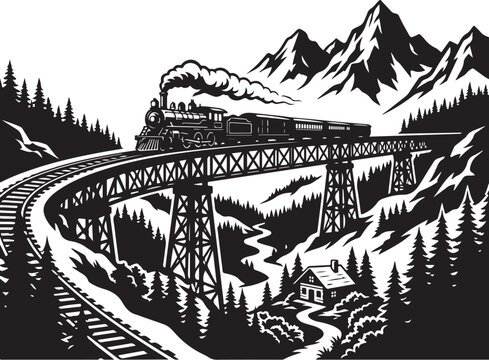 Vintage steam train on mountain bridge vector, retro locomotive crossing railway trestle, black and white wilderness landscape illustration