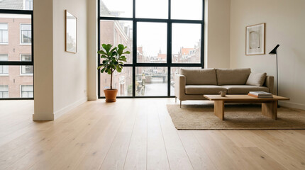 Fototapeta premium Modern Minimalist Living Room Interior Featuring Light Wooden Flooring and Large Black Framed Windows Overlooking a Quiet City Street