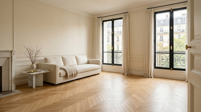Elegant Minimalist Living Room Featuring A Neutral Sofa And Parisian Style Large Windows With Hardwood Flooring